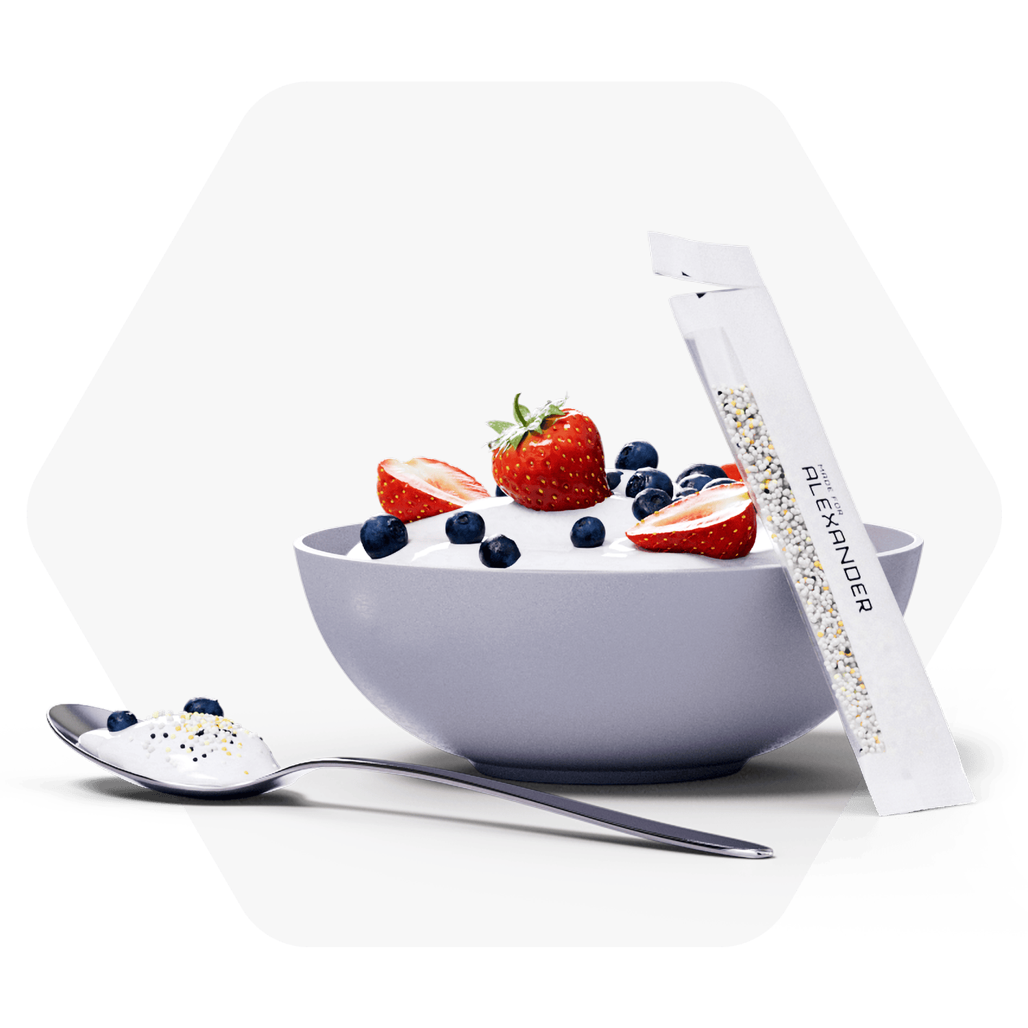 Personalized PRLS daily sachet sprinkled over a bowl of yogurt with berries